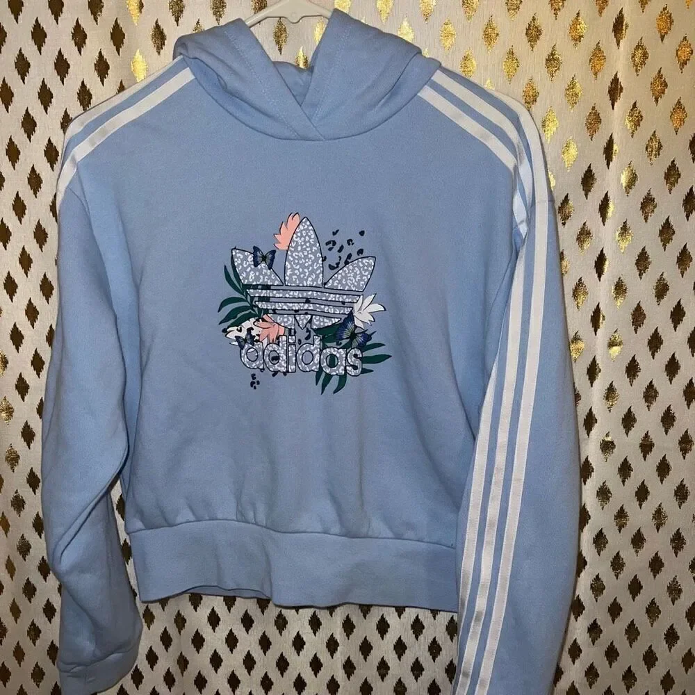 ADIDAS HER Studio London Floral Hoodie Light Blue Kids Girls XL